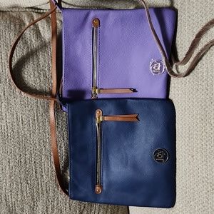 2 Joy Mangano Crossbody Purses Purple and Blue And 1 Blue Tote Style Purse